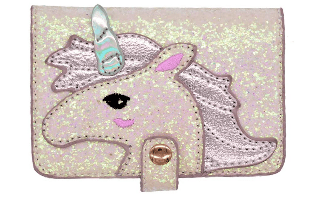 A unicorn passport holder, shiny and glittery features.