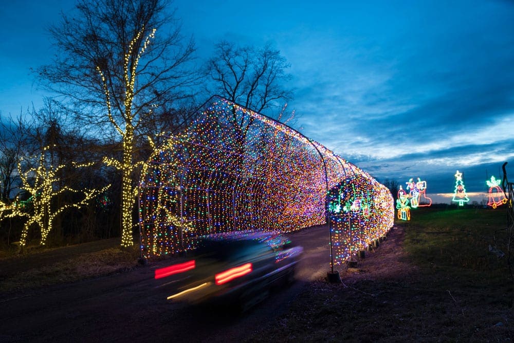 A truck enters a lighted tunnel, boasting thousands of Christmas lights at Linvalla Orchards, one of the best things to do in Philadelphia with kids this winter.