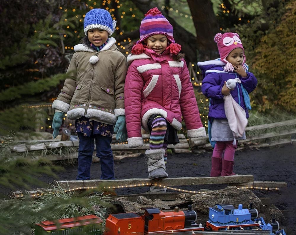 Three children of color wearing winter gear stand within Longwood Gardens, one of the best things to do in Philadelphia with kids this winter.