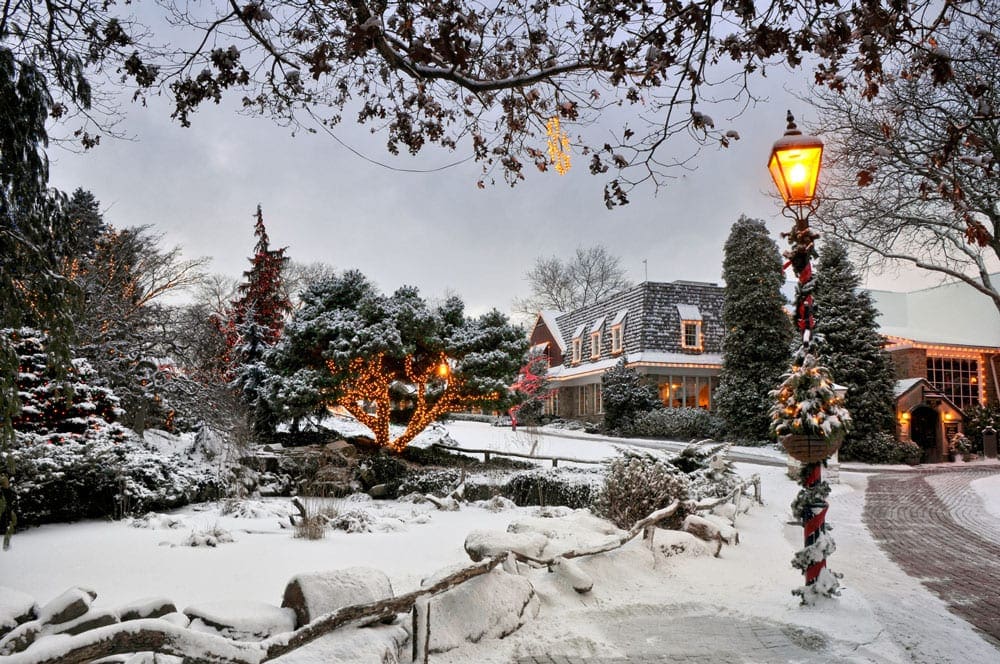 A view of Peddler’s Village in the snow, lit with lovely holiday lights. Peddler's Village is one of the best things to do in Philadelphia with kids this winter.