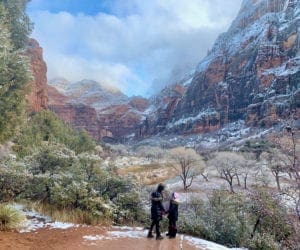 Mom and daughter in Zion National Park in Winter