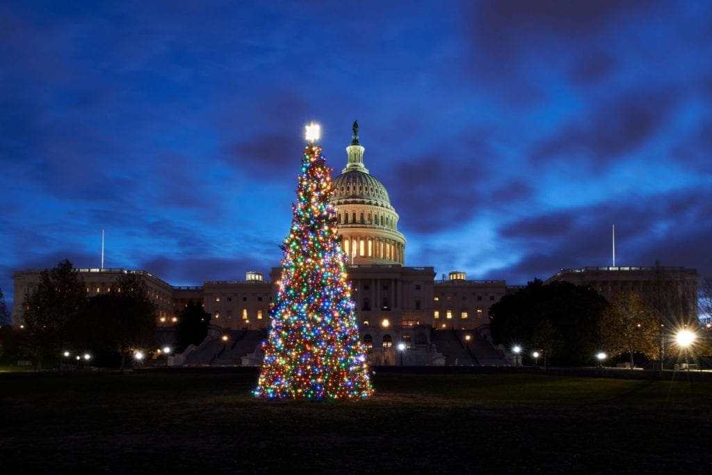 A lit Christmas tree stands colorful and bright in front of the US Capitol buidling, one of the best places to celebrate the holidays in DC with kids.