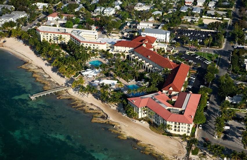 Aerial view of Casa Marina Key West's oceanfront property, one of the best family hotels in Key West and the Florida Keys.