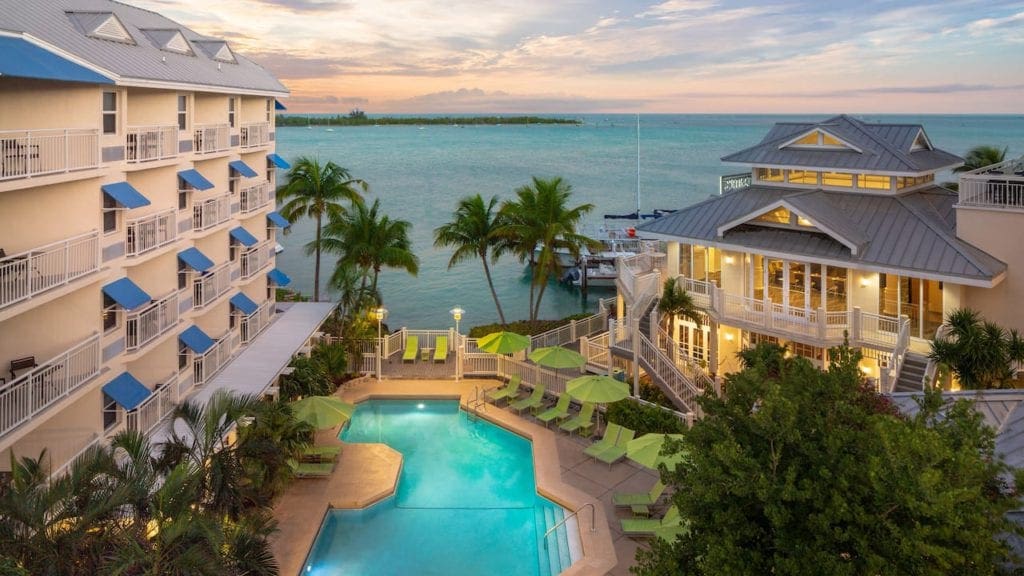 Aerial view of the pool and accommodations at the Hyatt Centric Resort & Spa, which is one of the best family hotels in Key West and the Florida Keys.