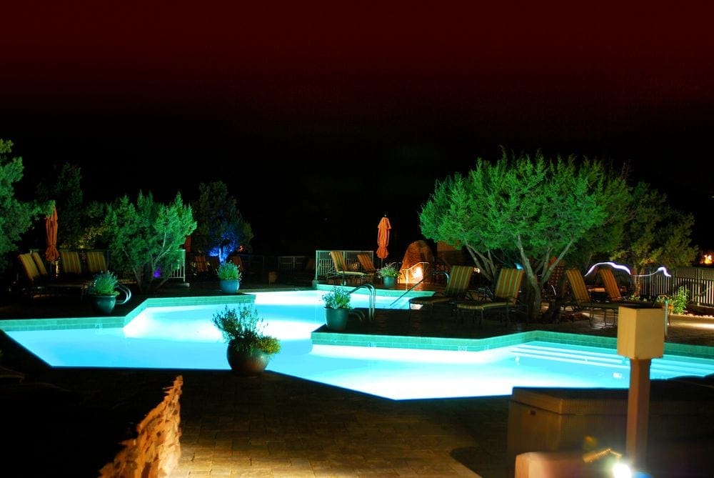 Hyatt Residence Club Hotel, one of the best hotels in Sedona for kids, view by the pool at night.