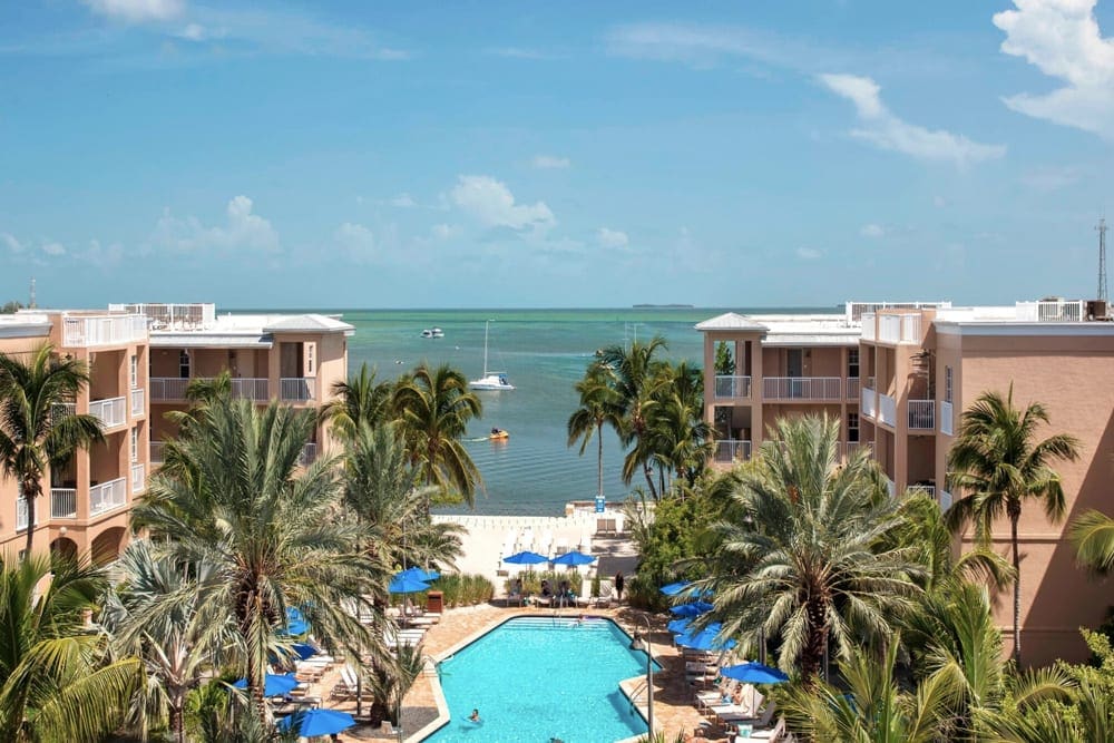 Aerial view of the pool and nearby accommodations at Key West Marriott Beachside, one of the best family hotels in Key West and the Florida Keys.