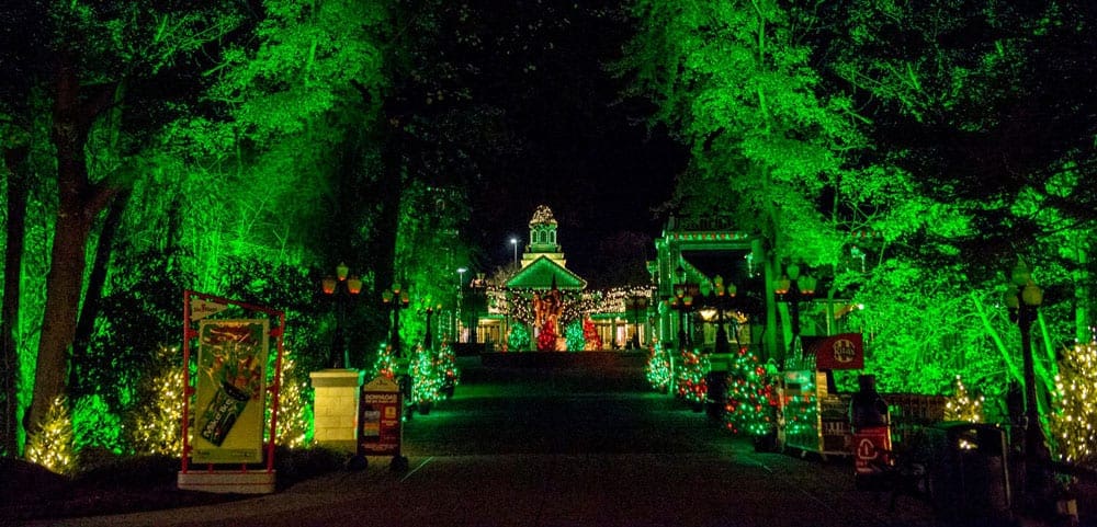 The Main Street entrance at Six Flags with thousands of colorful lights and displays, one of the best places to celebrate the holidays in DC with kids.