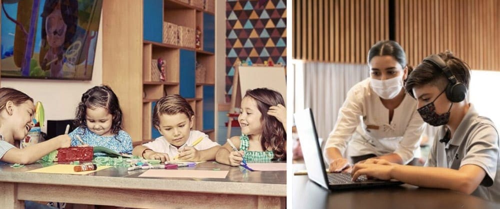 Left Image: four kids sit and play in the Kids Club at Montage Los Cabos. Right Image: A teenage works with a staff member for remote schooling at Montage Los Cabos.