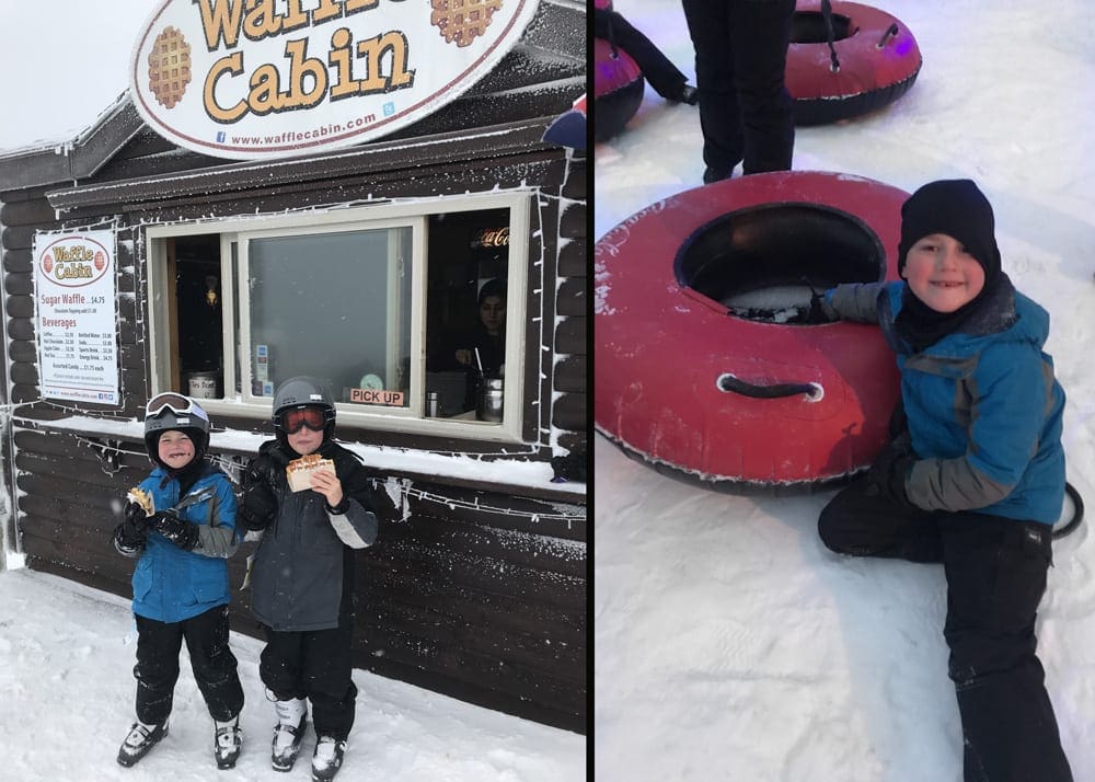 Left Image: Two kids eat a snack on-mountain from Waffle Cabin. Right Image: A young boy sits next to a red snow tube on the snow. Taking breaks is one of the best tips for skiing with kids for the first time.
