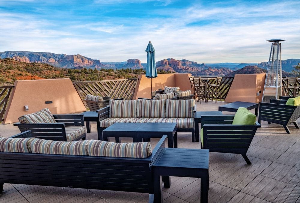 View from the Sedona Courtyard by Marriott Hotel in Sedona looking at the red rocks.