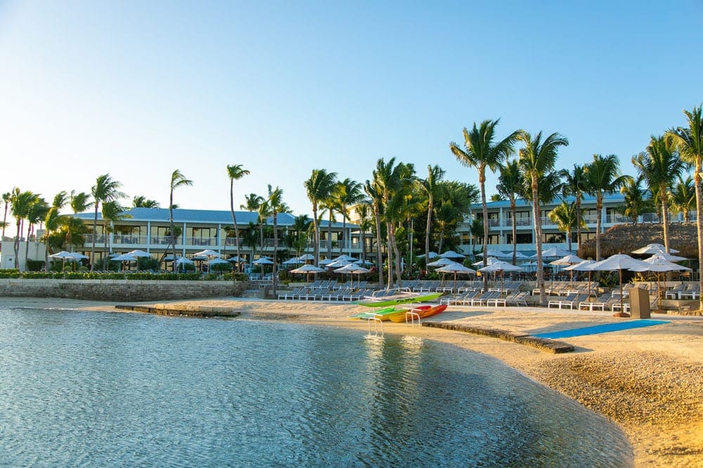 Beach view of the blue ocean and palm trees at Hawks Cay in Duck Key, one of the best family hotels in Key West and the Florida Keys.