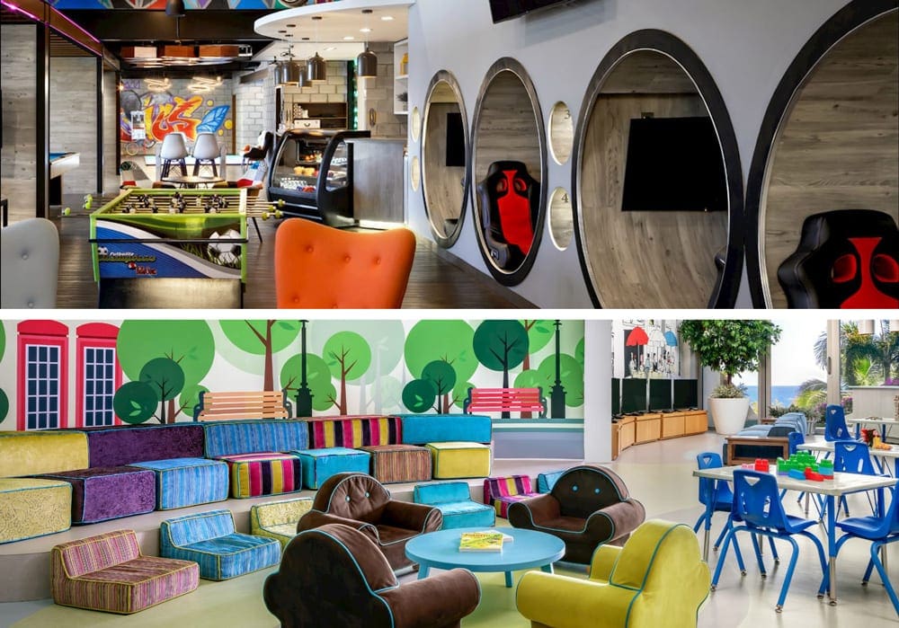 Inside the Teens Club at Grand Velas Los Cabos, featuring comfy chairs and games.