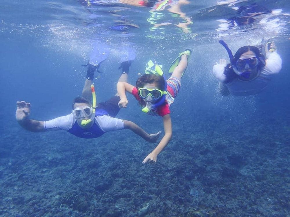 A family of three snorkels off-shore in Okinawa Japan.