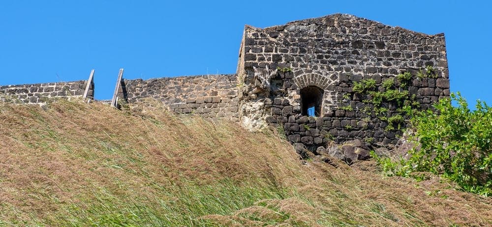 A relic fort sits atop a hill at the Pigeon Island National Park in St. Lucia.