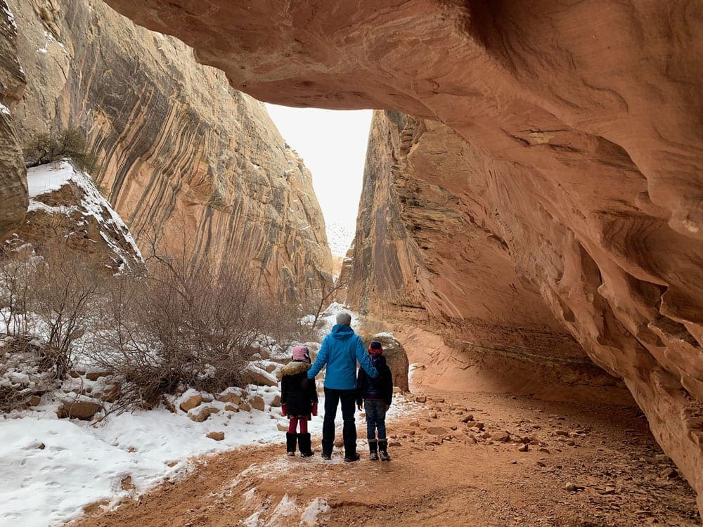 A dad stands between his two kids looking at into a huge rock canyon in Capital Reef National Park.