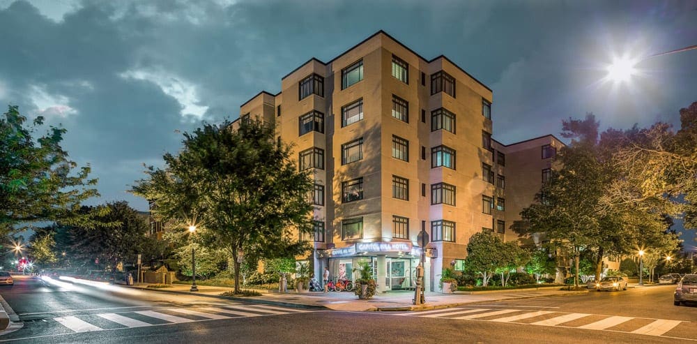 A view of the entrace to the Capitol Hill Hotel from accross the street.