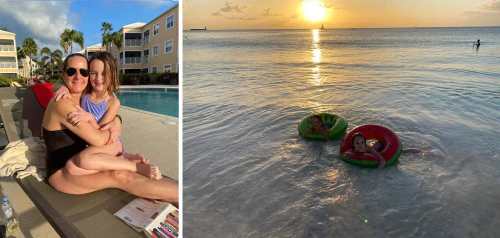 Left Image: mom and daughter on a beach chair. Right Image: two kids playing on the beach with large tube flaotie.