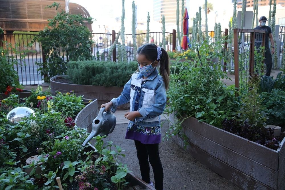 A young girl wearing a mask waters plants in the outside exhibit at the Children's Museum Phoenix.