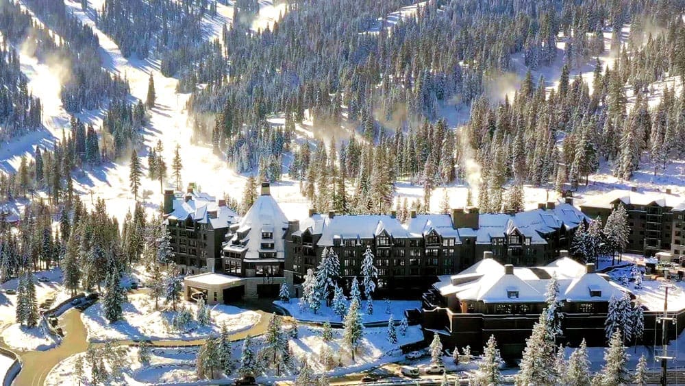 The resort buildings an a few ski runs at The Ritz Carlton, Lake Tahoe on a sunny, winter day.