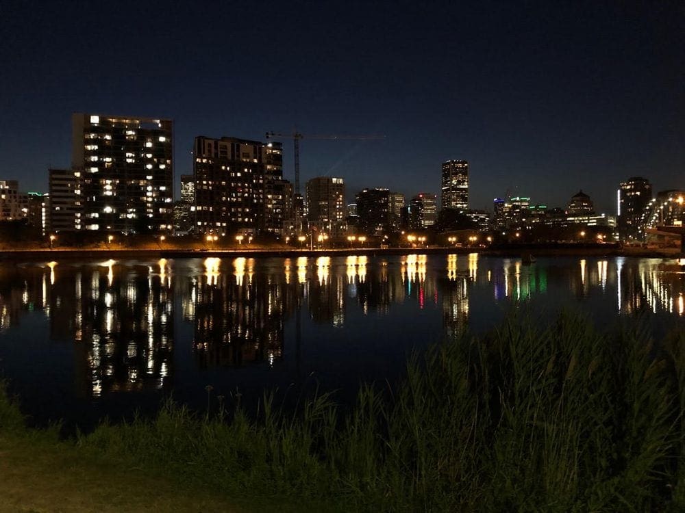 A view of the Montreal skyline at night.