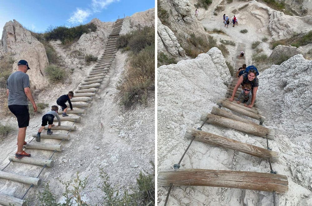 Left Image: A family climbs a rope ladder at the Badlands National Park, one of the best Summer Vacation Ideas in the U.S. for Families. Right Image: Looking down a rope ladder, with a family climbing up.