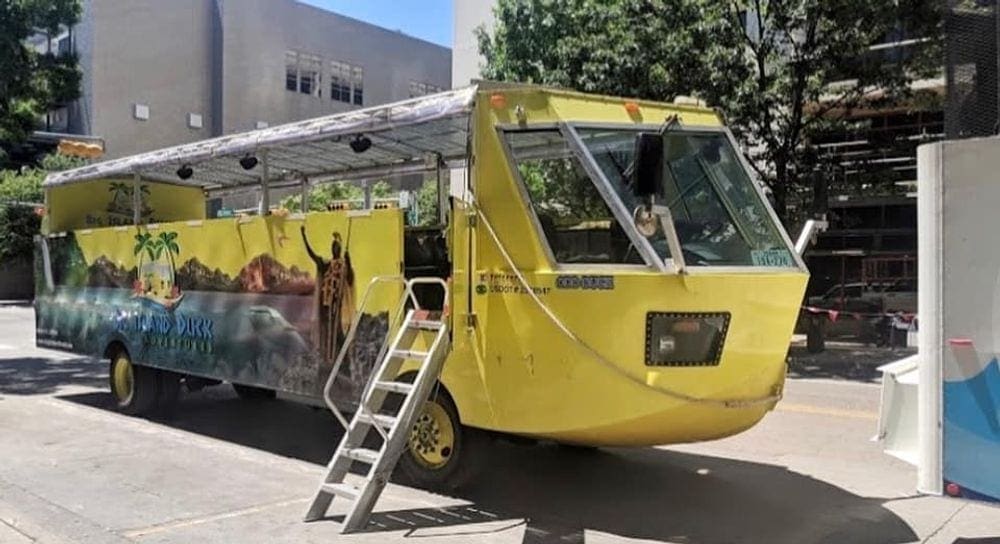 One of the vehicles for the Austin Duck Adventures, with a ladder leading up to the door.