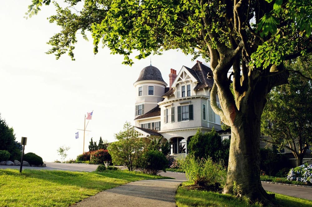 Enjoy a mom's weekend getaway at Castle Hill Inn, who’s Victorian-looking entrance is featured here.