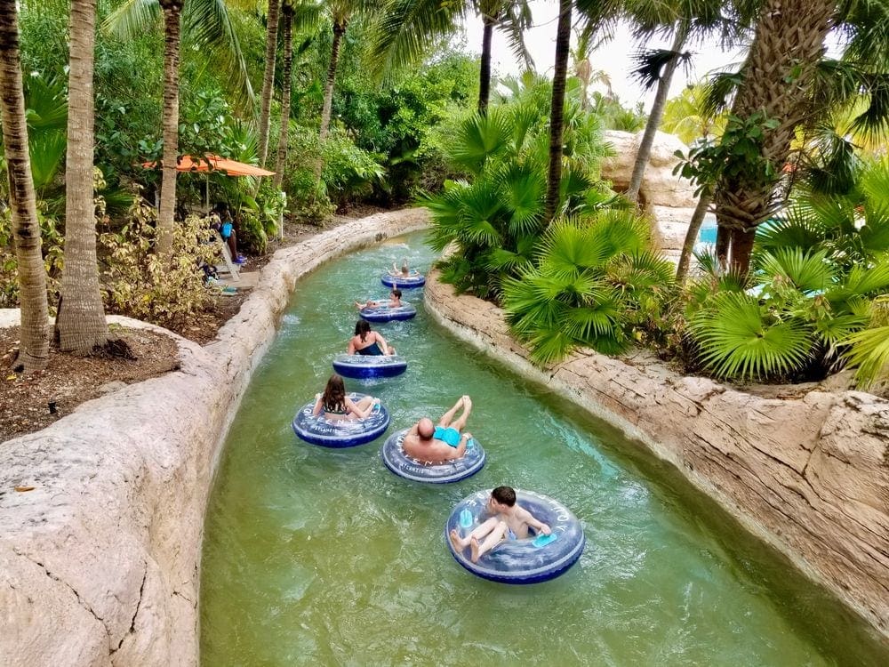 A line of people enjoy tubing down a lazy river.