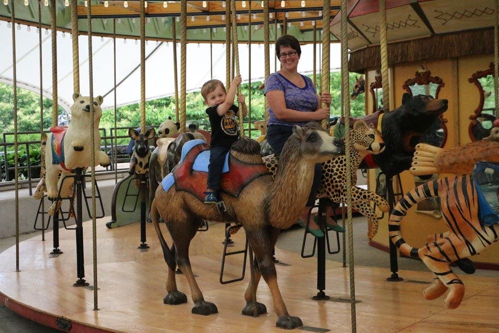 A mom and her young son ride on wild animal carosel seats at the Lincoln Park in Chicago, one of the best zoos in the Midwest for families.