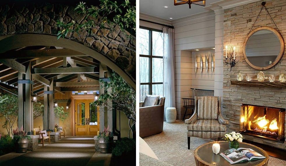 Left Image: Inside the lobby of The Lodge at Woodloch. Right Image: A chic seating area at the The Lodge at Woodloch, featuring a lit fire place and calm atmosphere.