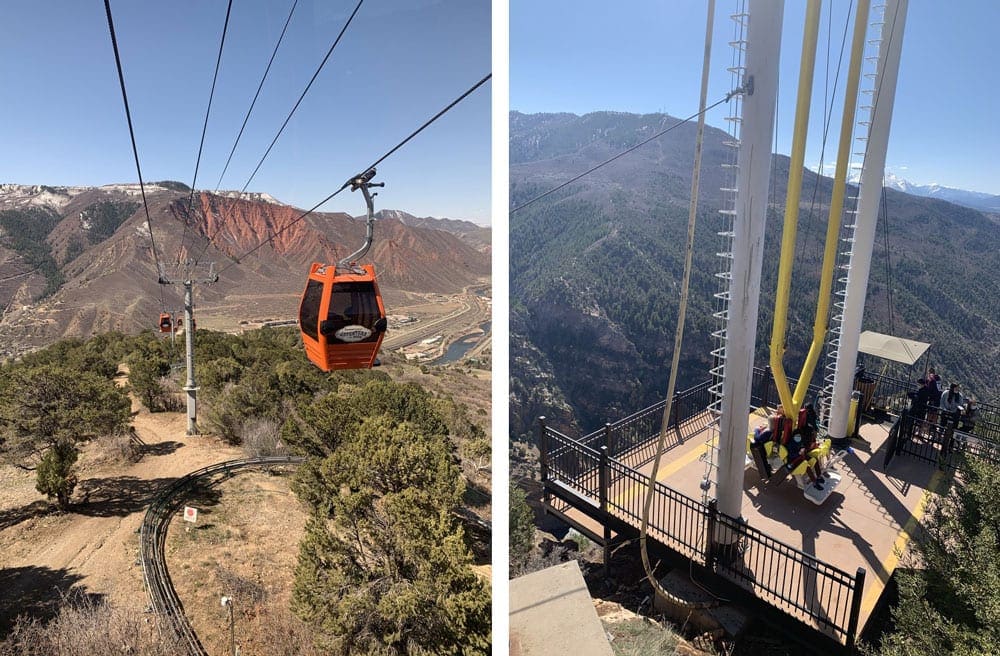 Left Image: A orange gondola moves up the mountain near Glenwood Springs. Right Imge: A family enjoyes a huge adventure park ride while exploring Glennwood Springs, one of the best weekend getaways near Denver for families.