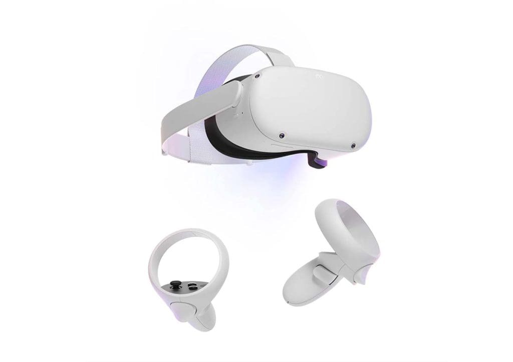 Product shot Oculus Quest 2 in white, one of the best travel gifts for Mom this Christmas.
