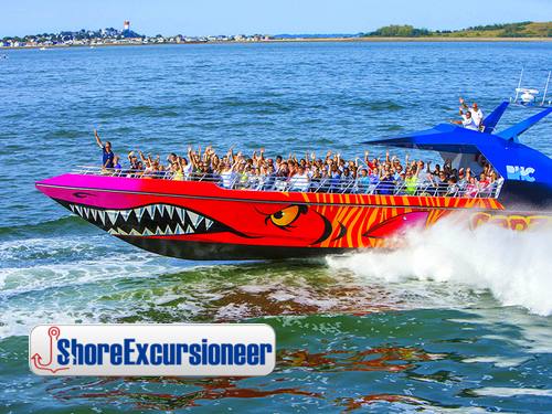 A boat full of tourists enjoy a sunny aboard the Codzilla Thrill Boat.