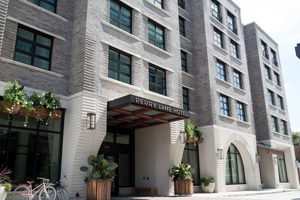 The historic brick entrance to the Perry Lane Hotel, a Luxury Collection Hotel, Savannah.