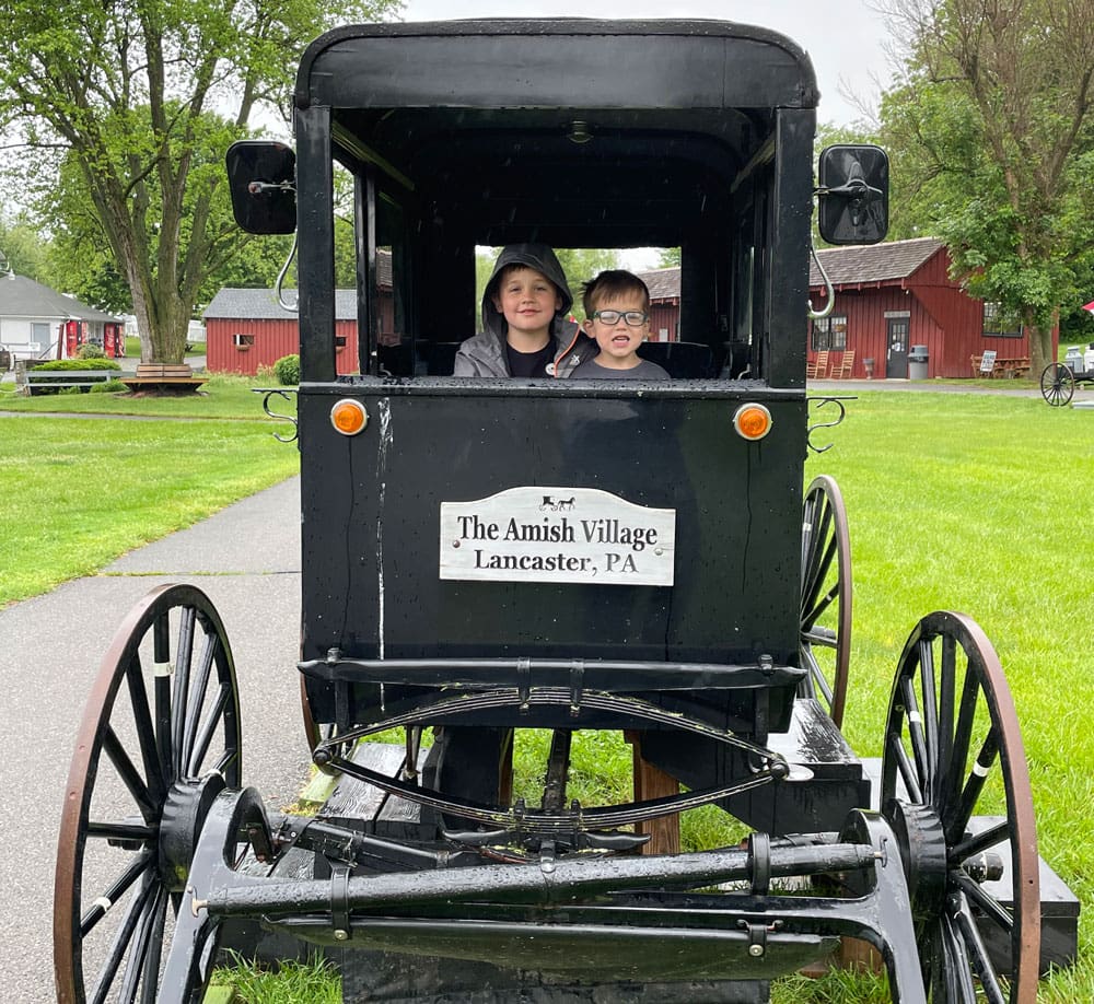 Two boys look out the back of an Amish buggy while visiting Lancaster, PA.