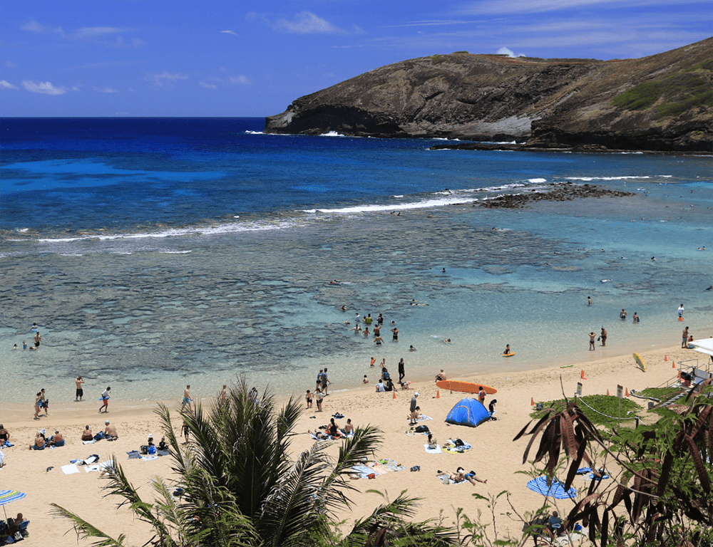 Several beach-goers enjoy a sunny day while relaxing on Hanauma Bay.