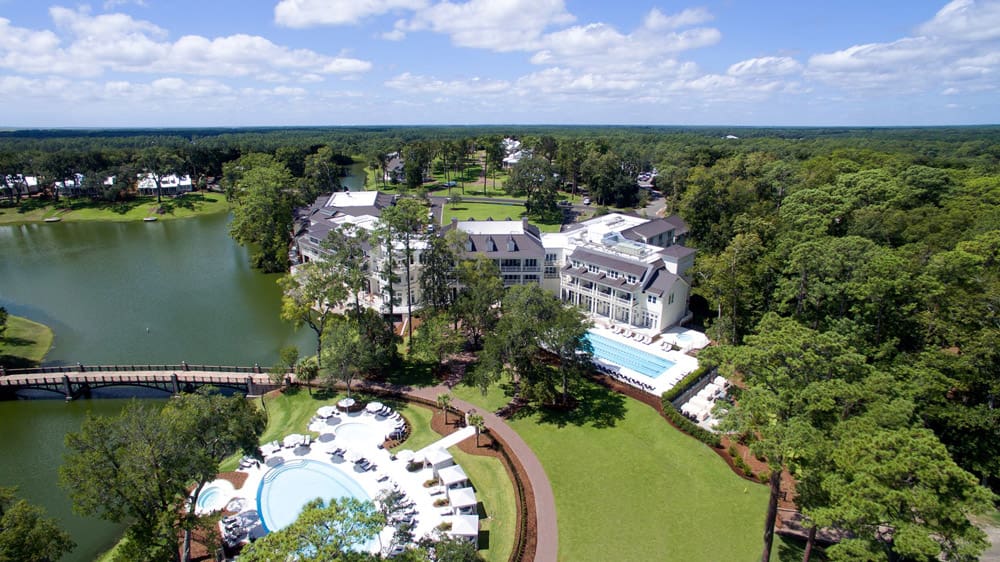 An ariel view of the Montage Palmetto Bluff resort buildings and grounds.