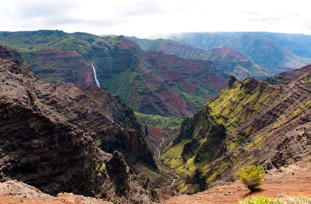 A view of the Waimea Canyon from the top of the canyon, featuring a beautiful, multi-hued cayon.