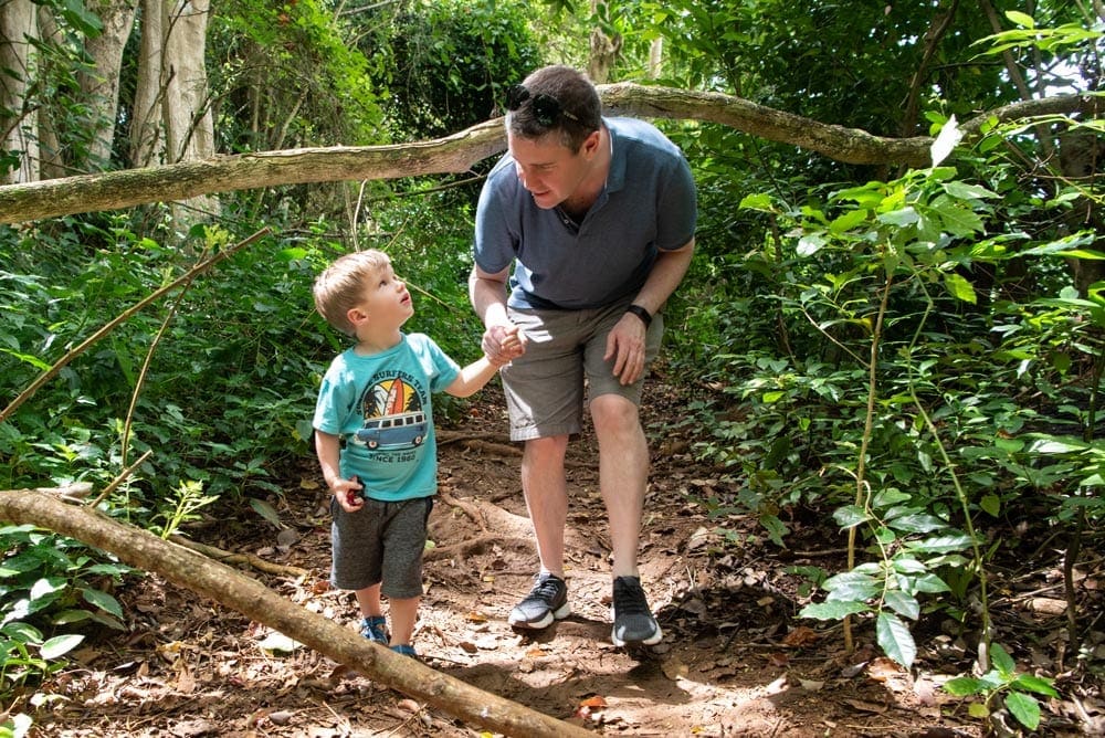 A young boy and his dad duck under a large branch while hiking amongst lush foliage, one of the best things to do in Kauai with kids.