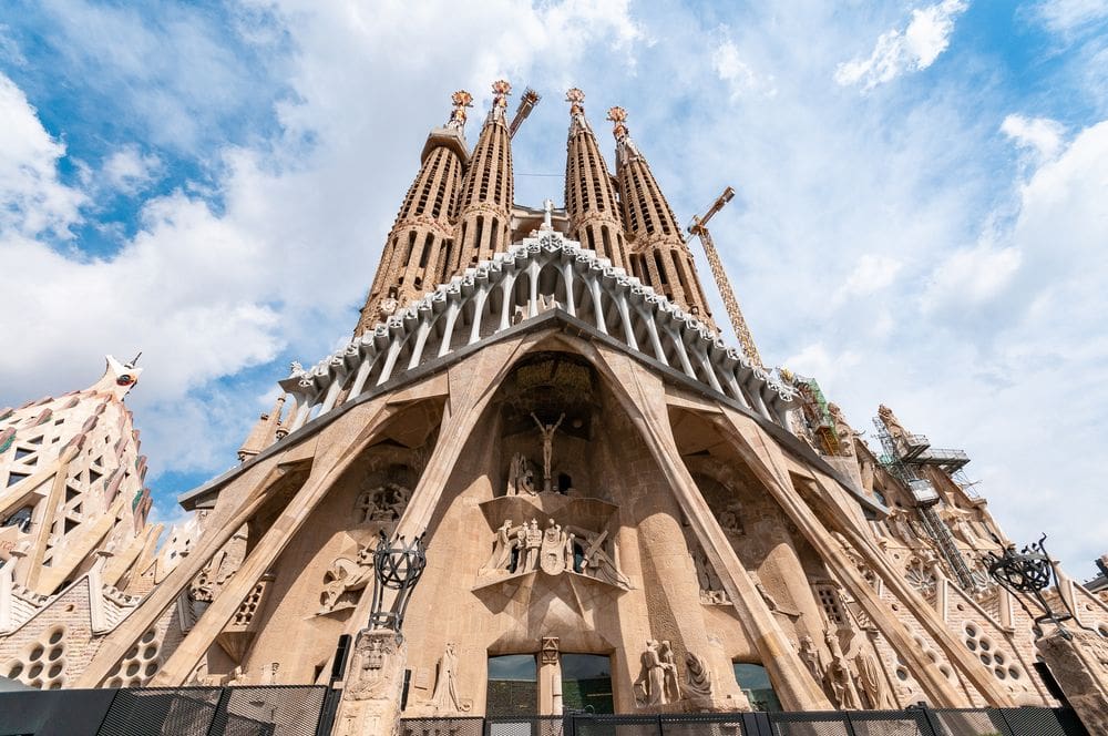 A view of the front of La Grada Familia in Barcelona.