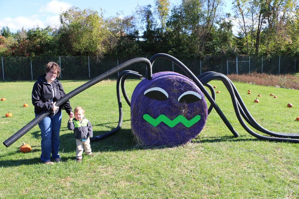 A mom and her toddler son stand near a decorated hay bail that looks like a large spider while explore Boo at the Zoo at Roers Zoofari.