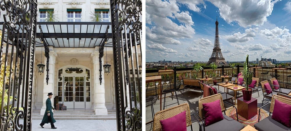 Left Image: A hotel staff member walks across the entrance area of the Shangri-La Paris. Right Image: The outdoor balcony of the Shangri-La Paris, overlooking the Paris skyline, including the Eiffel Tower.