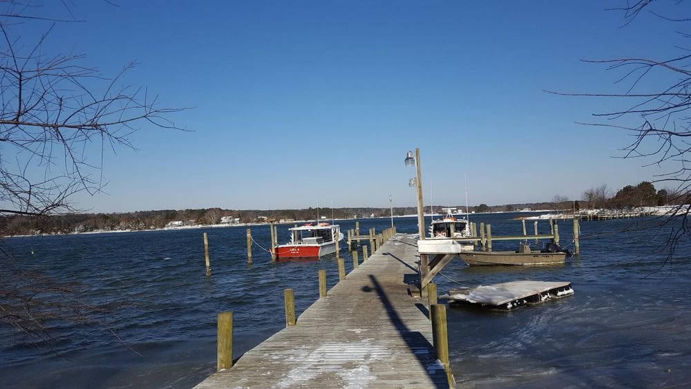A long dock extends into the water with a charter boat tied to the dock, one of the best things to do on your weekend getaways near Baltimore for families.