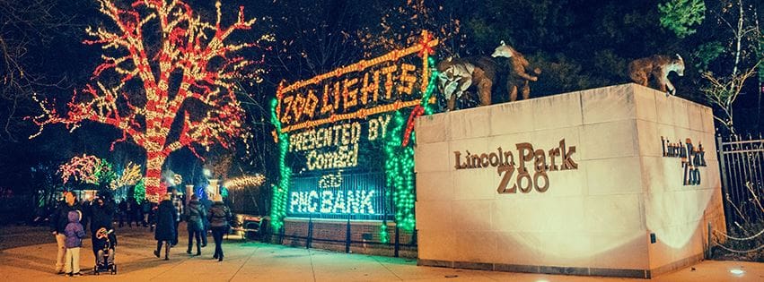 Festive lights decorate the entrance to the Lincoln Park Zoo during the holdiay season.