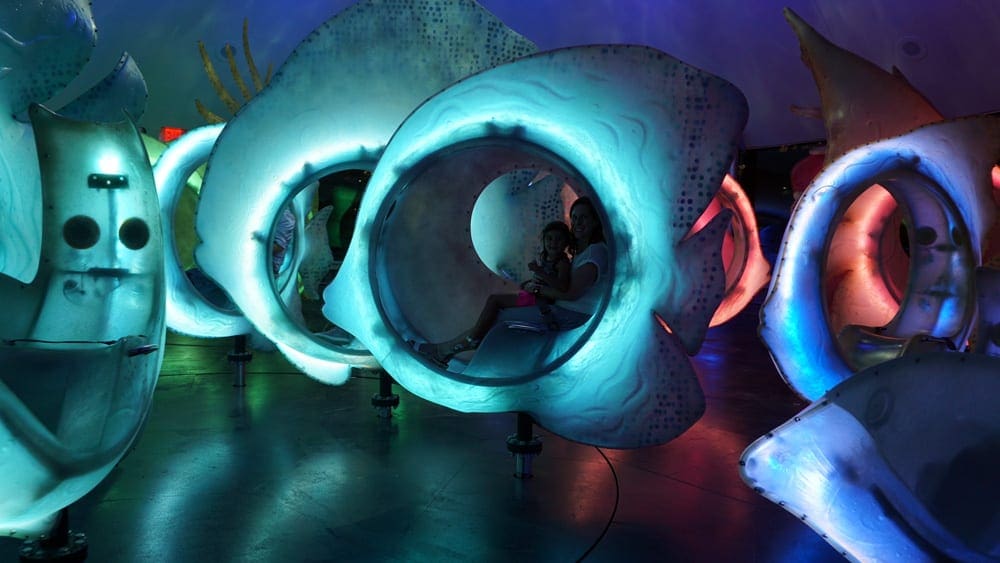 A young girl rides on the The Seaglass Carousel, one of the best stops on our NYC itinerary with kids.