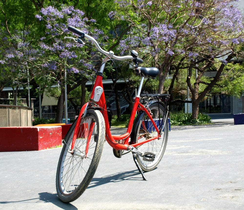 A bright red bike sits parked on a sidewalk with purple flowers behind it.