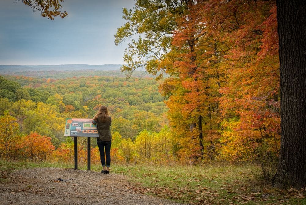 A woman leans on an informational sign while enjoy a stunning view of the fall foliage in Brown County, Indiana, one of the best places to see fall colors in the Midwest for families.