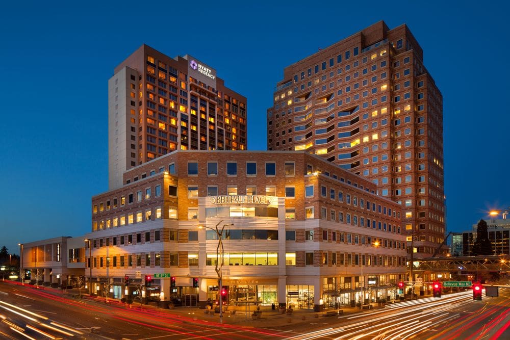 The exterior to the Hyatt Regency Bellevue On Seattle's Eastside at night.