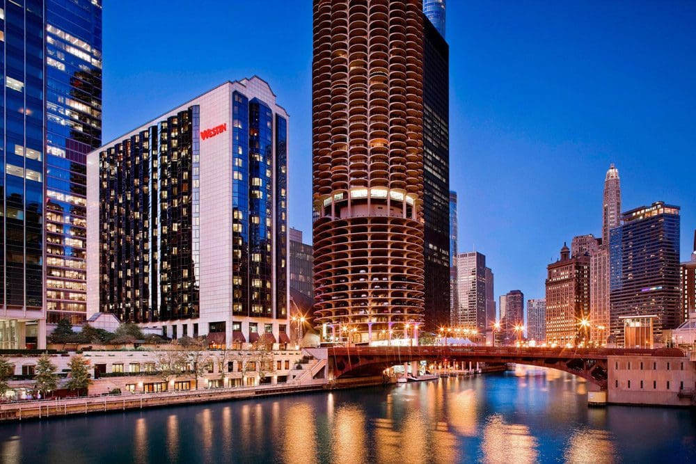 Far away view of The Westin Chicago River North, one of the best family hotels in Chicago located along the water.