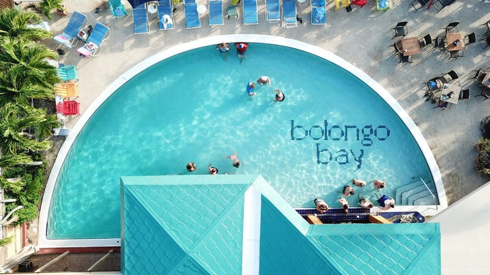 An aerial view of the large pool and pool deck at Bolongo Bay Beach Resort.